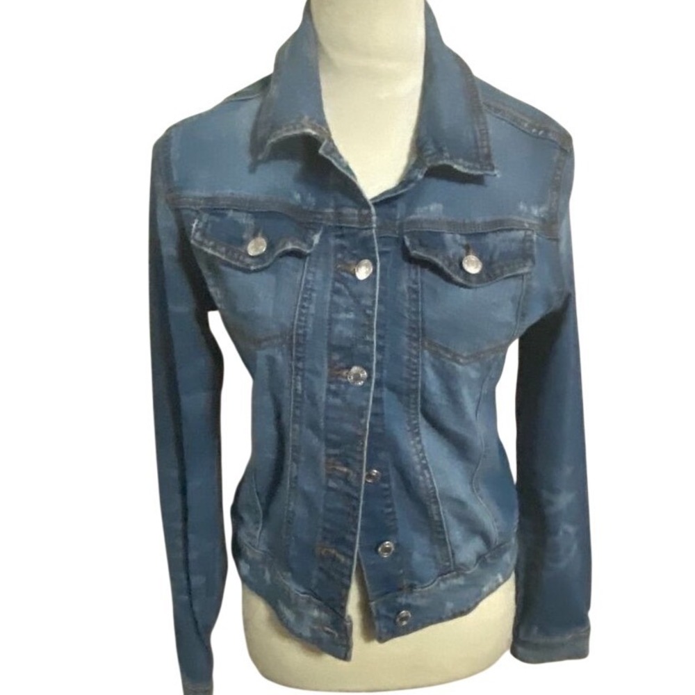 Mossimo Denim Jacket Womens M Blue Distressed Y2K Grunge Trucker Jean Retro - Picture 2 of 4
